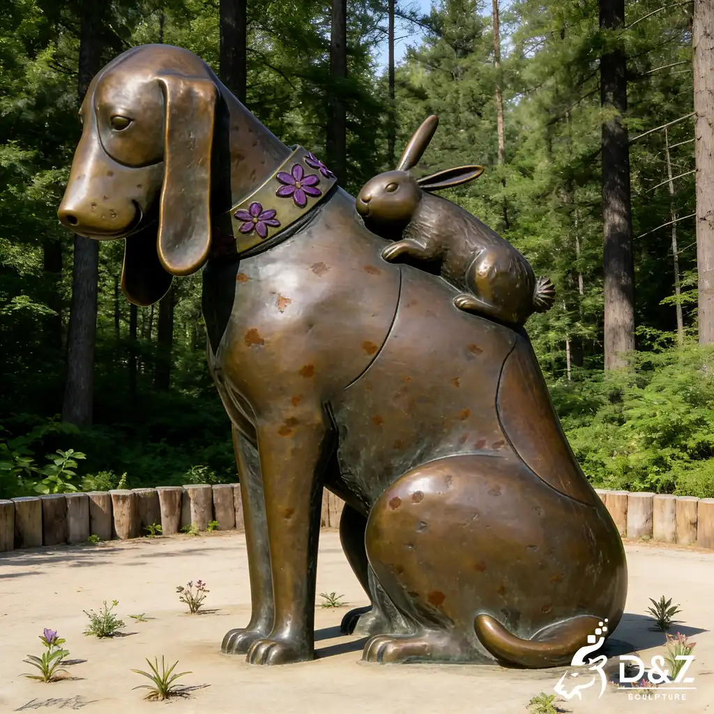 Whimsical Animal Bronze Rabbit and Dog Sculpture for Garden DZN456-1