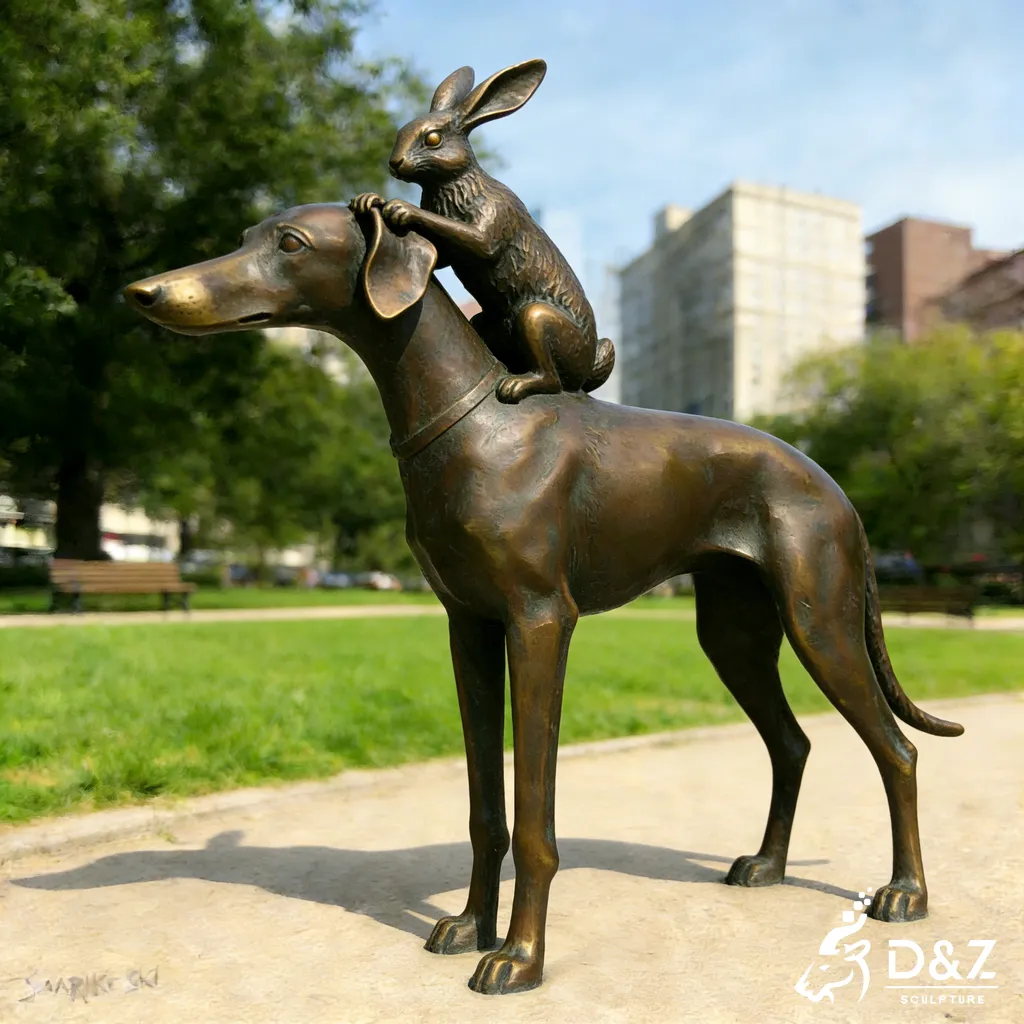 Whimsical Animal Bronze Rabbit and Dog Sculpture for Garden DZN456-3